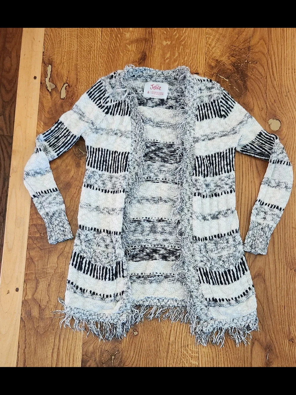 Justice Black & White Striped Fringed Open-Front Cardigan w Pockets - Girls 6